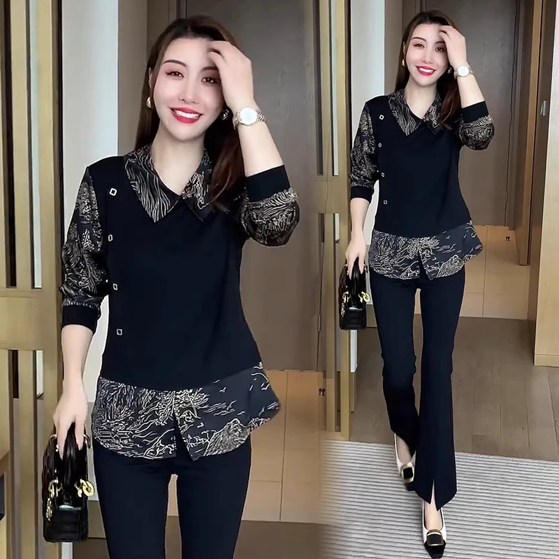 时尚洋气假两件拼接衬衫女春季新款宽松遮肚子显瘦衬衣百搭上衣潮