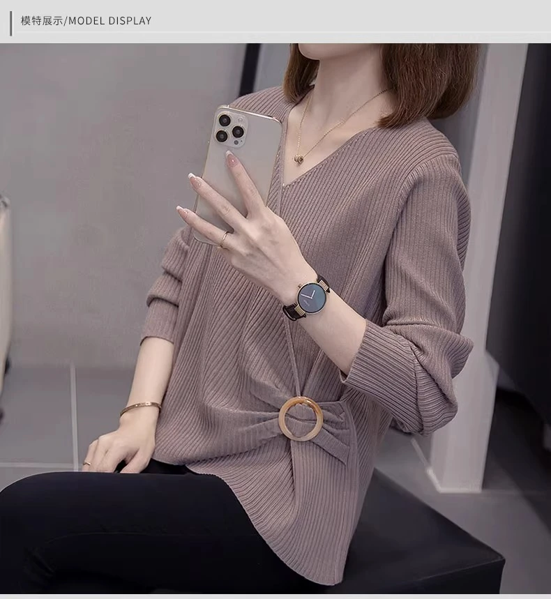 大码女装秋冬新款V领设计感不对称长袖针织衫宽松显瘦内搭毛衣女