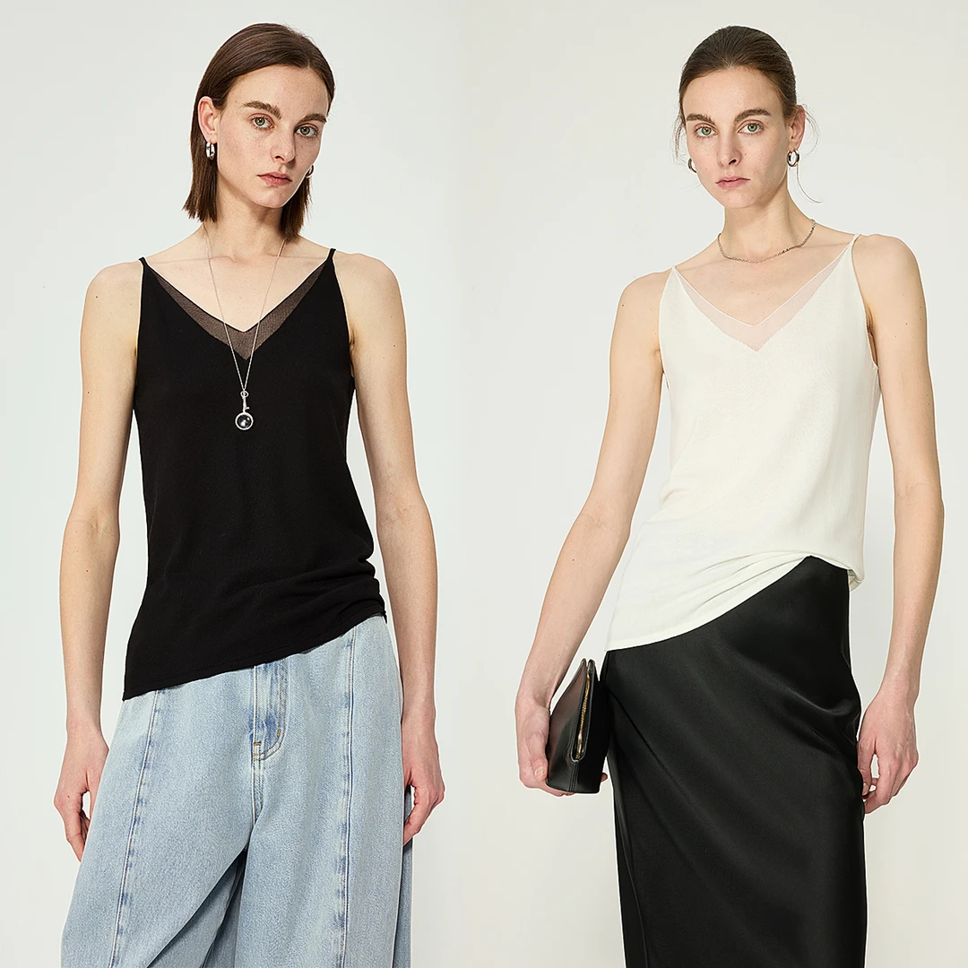 开间/轻薄冰爽莱赛尔拼接欧根纱透视V领極简显瘦针织吊带