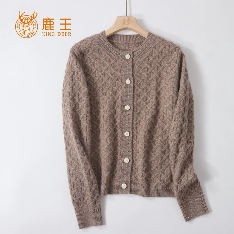 鹿王24秋冬新款女圆领100山羊绒变换组织针织套衫 加厚 4J9208