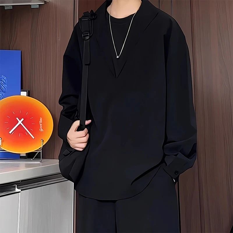 仓石一树黑色拼接假两件衬衫男痞帅ins老钱风设计感v领长袖衬衣服