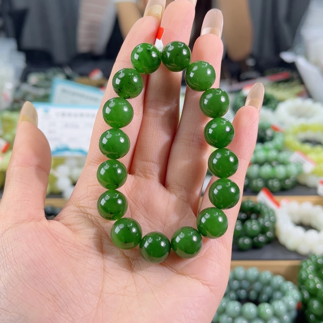 未镶嵌手链和田玉纯天然和田玉12mm俄料碧玉辣阳绿圆珠