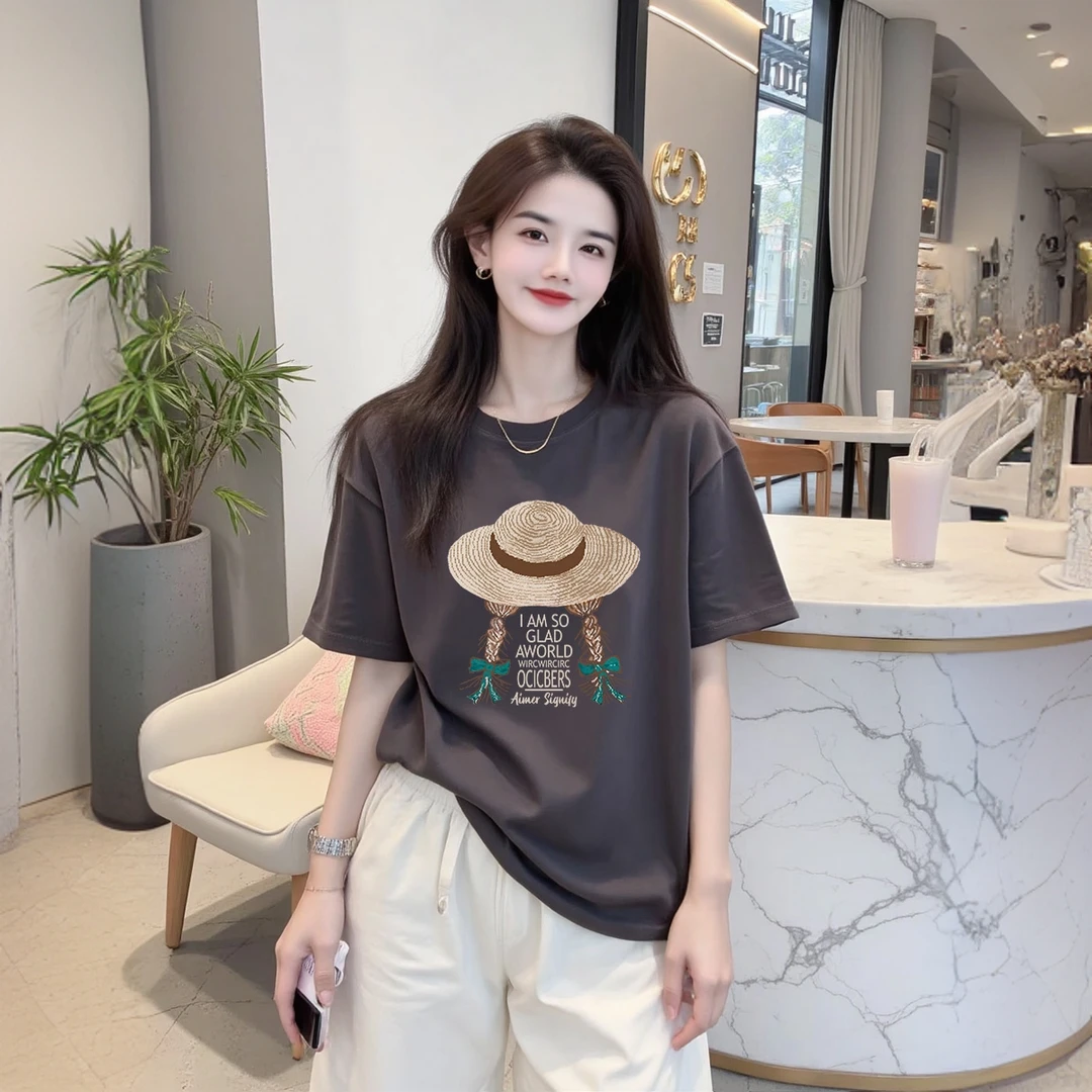 【草帽姑娘】纯棉高品质大版短袖T恤 印花宽松休闲时尚纯棉#