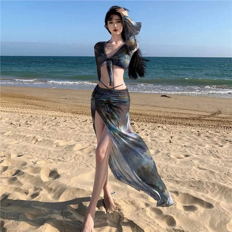 2025新款长裙比基尼四件套性感欧美遮肉修身显瘦分体度假泳衣女