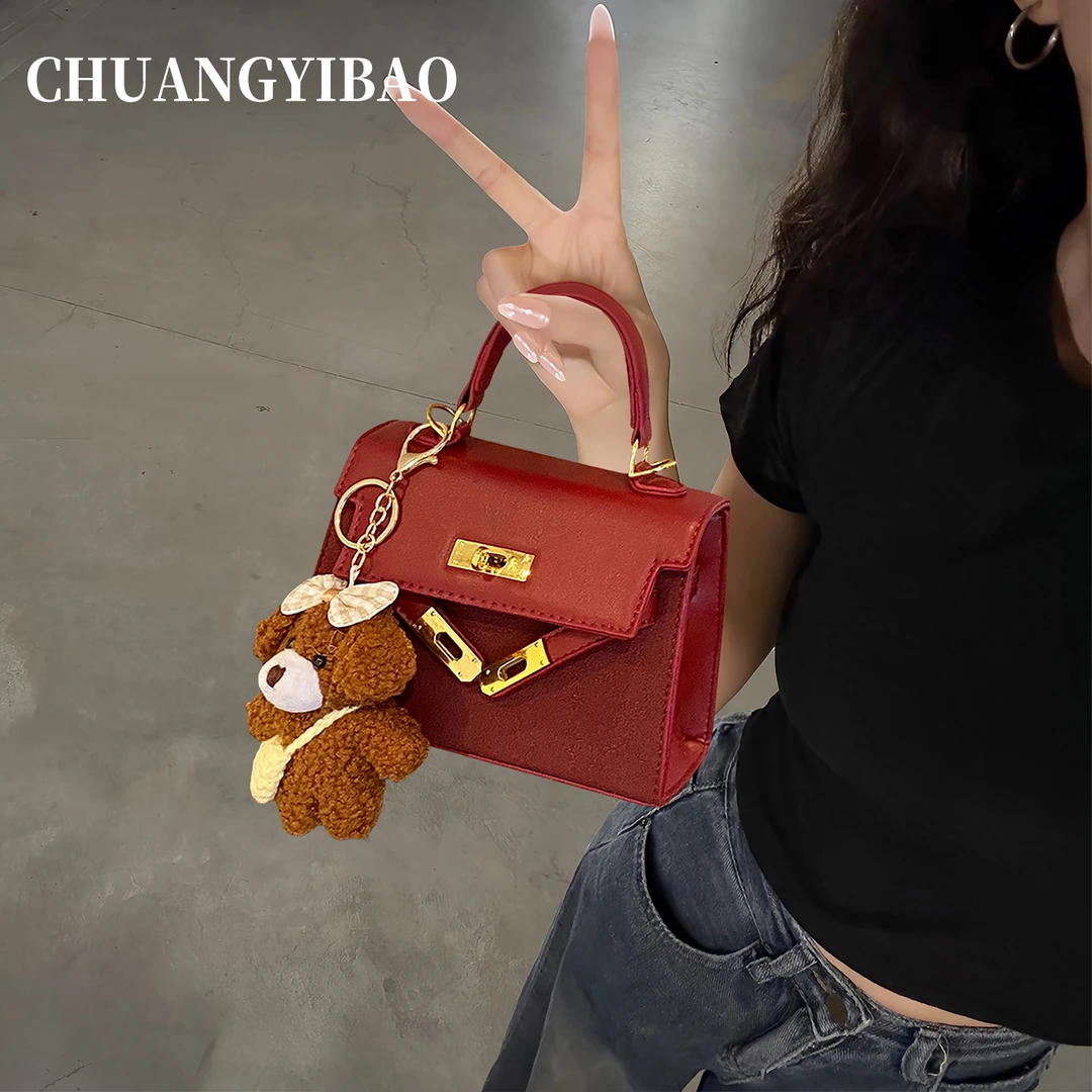 超火红色手提凯莉包包女式2025新款潮秋冬轻奢小众高级感斜挎婚包