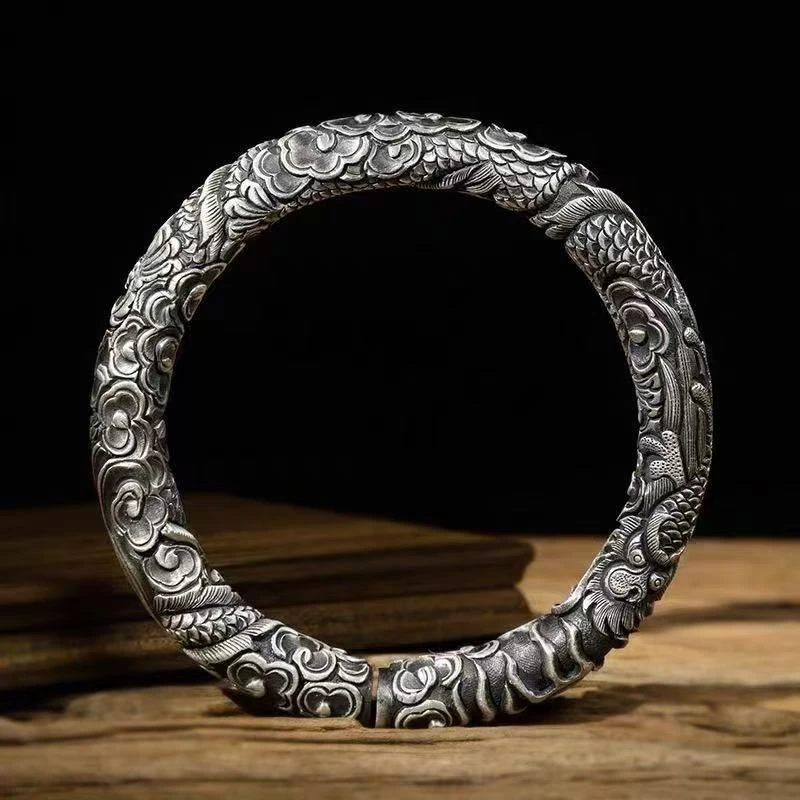 足银手镯 复古龙纹手镯男手工做旧简约小众霸气开口