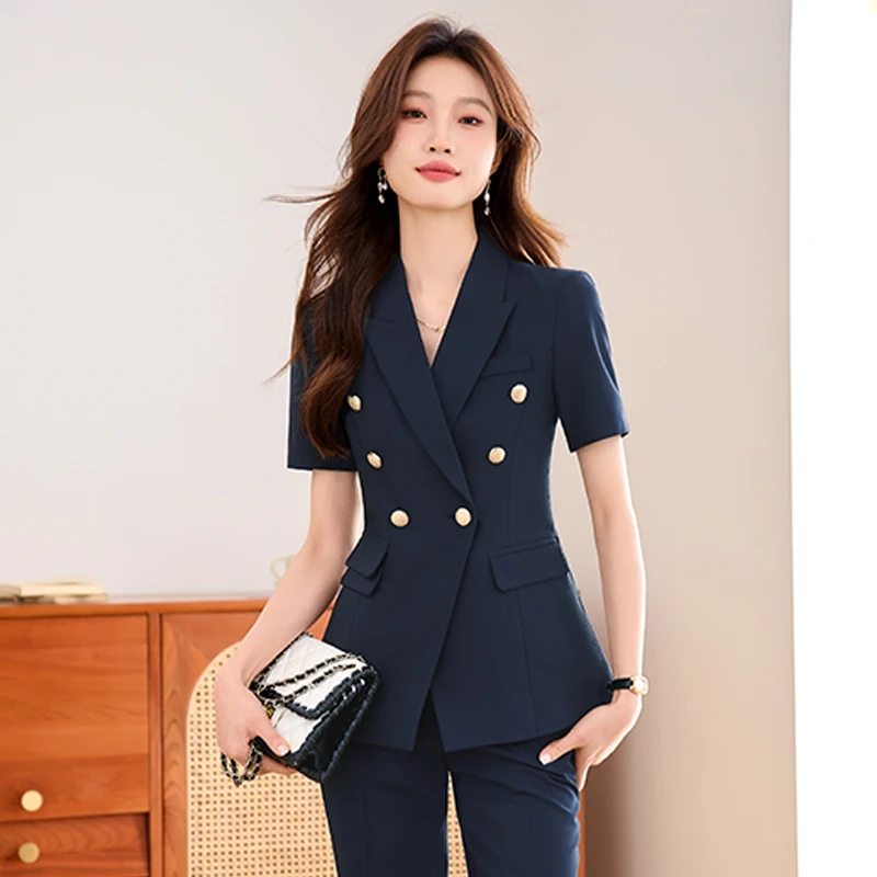 藏青色职业西装洋气女士夏季薄款2025新款短袖西服外套工作服休闲