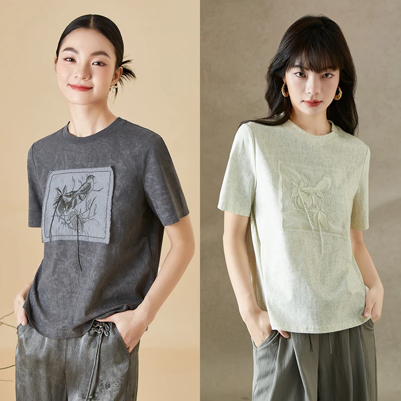 【鸟鸣涧】秸熙夏季新款新中式休闲贴布绣花套头显瘦短袖上衣4BC735