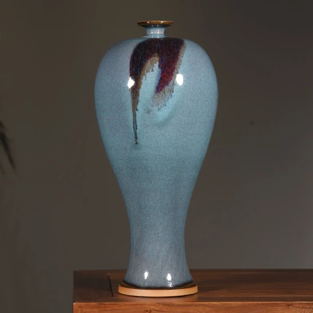 钧瓷杨国政手工天青点斑梅瓶原产地钧窑花瓶