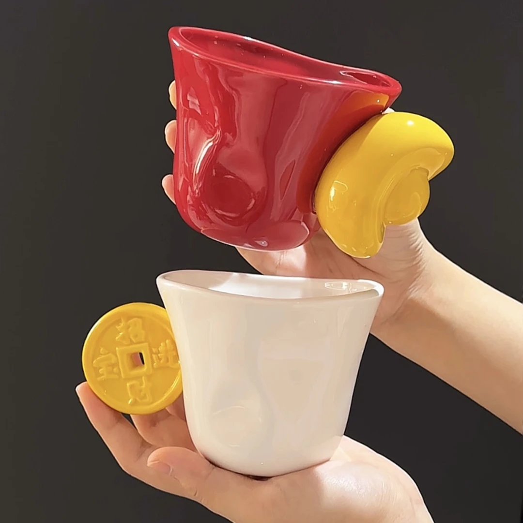 MOMO创意寓意元宝铜钱马克杯陶瓷咖啡杯手绘杯子牛奶杯釉下彩情侣
