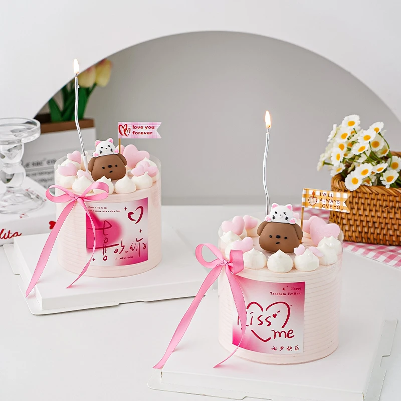 可爱小猫小熊叠叠乐蛋糕装饰摆件情侣告白七夕情人节快乐甜品贴纸