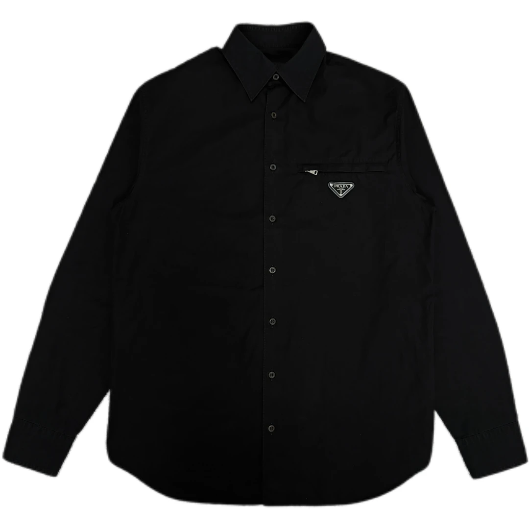 99新 Prada/普拉达 黑色胸前三角钢标长袖衬衫XS码