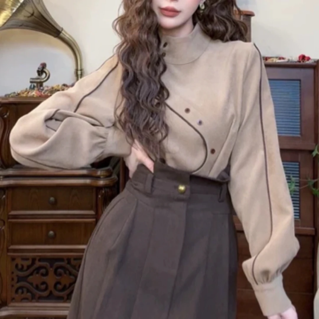 复古港味斜纹磨毛衬衫女2024春款休闲尖领金扣衬衣设计感小众上衣