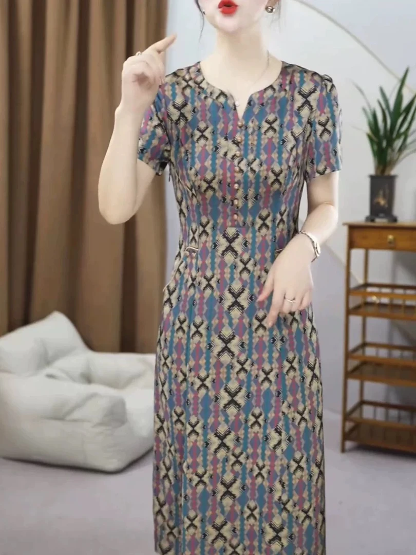 X0518夏季气质连衣裙女显瘦收腰时尚减龄遮肉修身连衣裙