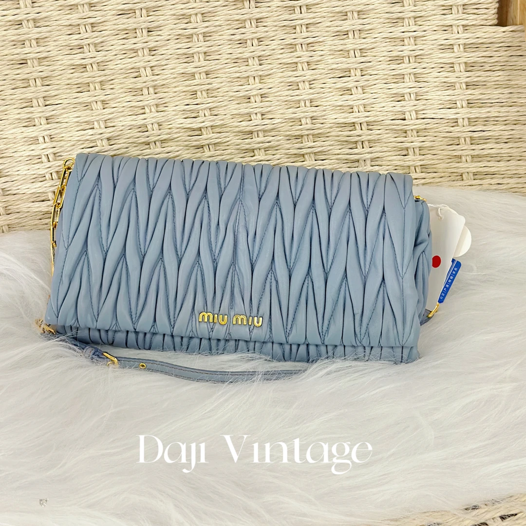 99新 MIU MIU/缪缪 大吉中古/miumiu缪缪雾霾蓝褶皱单肩包