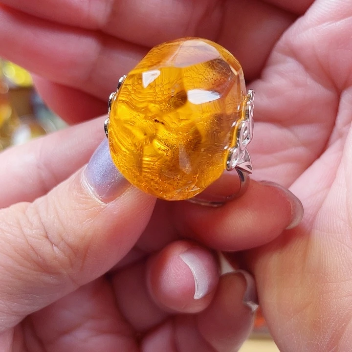琥珀银S925镀金镶嵌裸石戒指