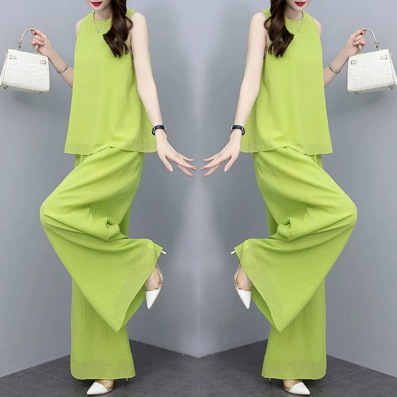 2024夏季新款高级感高腰阔腿裤宽松大码套装高端时尚通勤两件套女