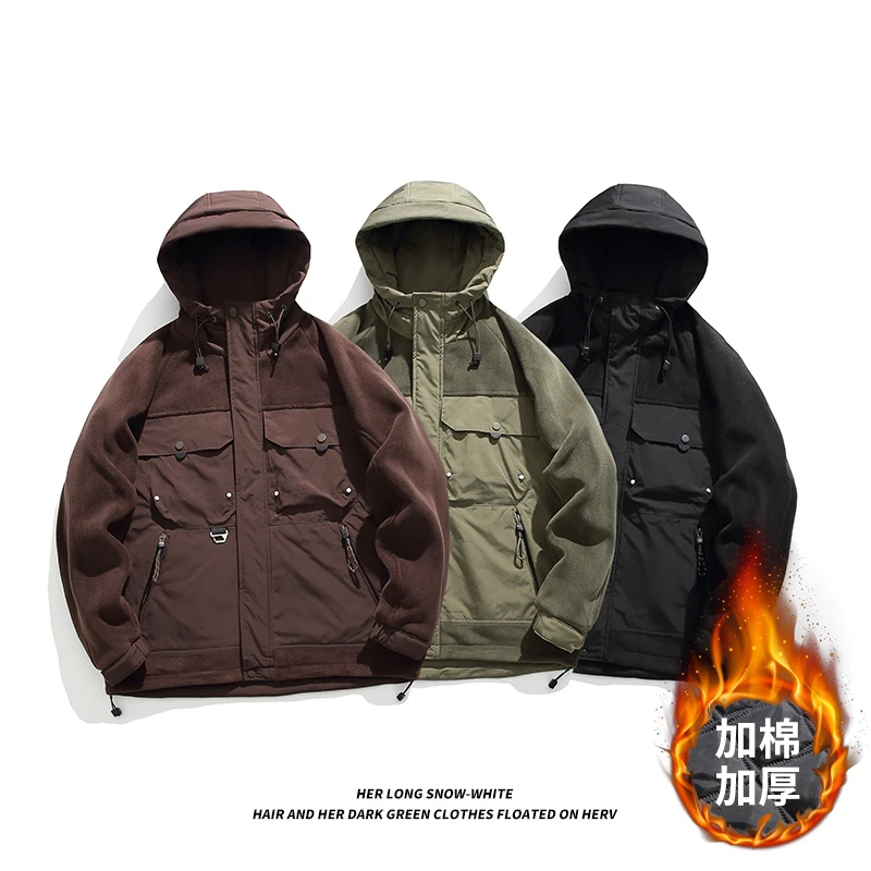 秋冬款加棉加厚拼接工装连帽男士外套奥利绒男女同款外套保暖御寒