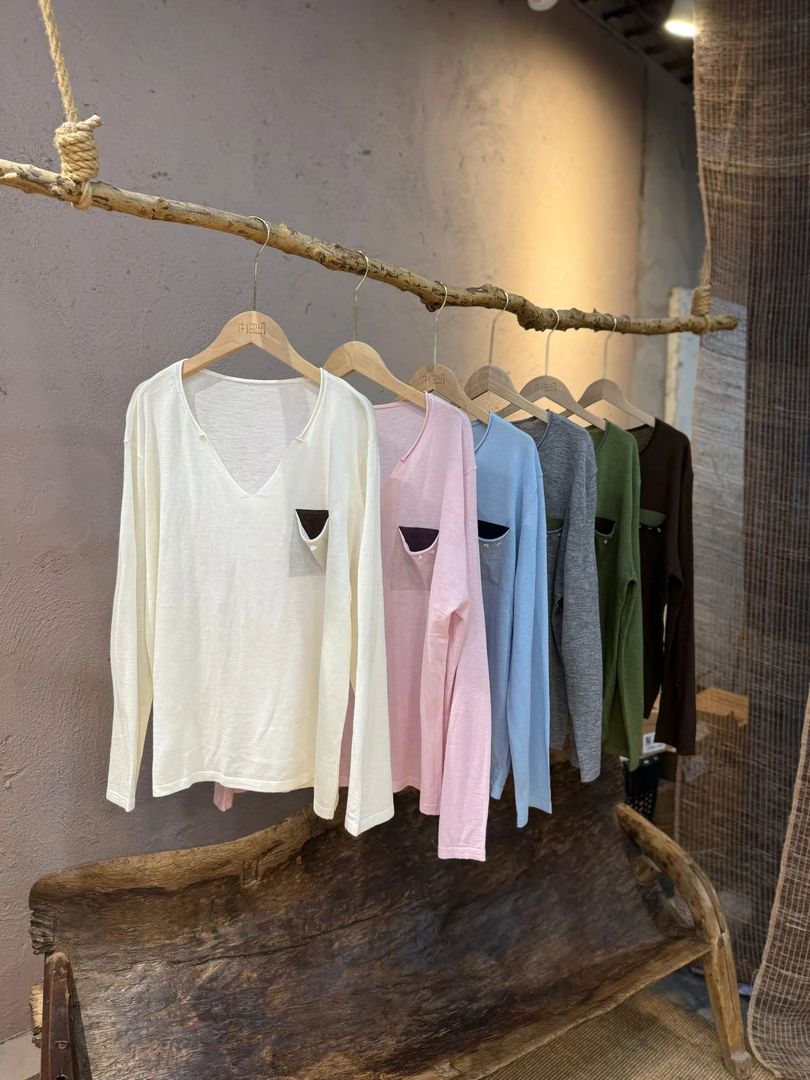 6808半隐早秋羊毛混纺针织薄款t恤纯色百搭长袖显瘦套头休闲上衣