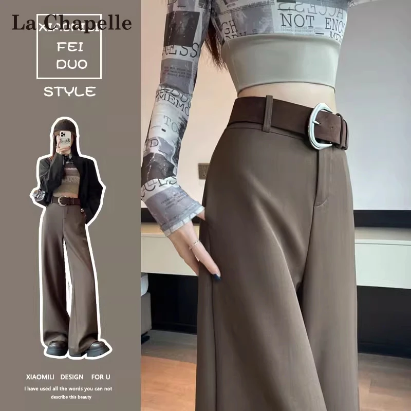 拉夏贝尔美拉德咖色窄版阔腿裤女裤秋季高腰直筒西裤小个子休闲裤
