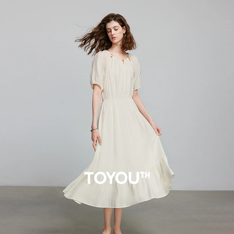 初语连衣裙女25夏新插肩袖收腰拼接中长裙肌理月光裙8529035