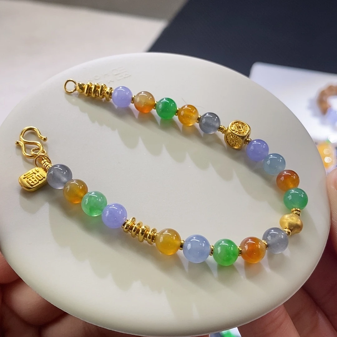 翡翠手链足金镶嵌盘缠手串