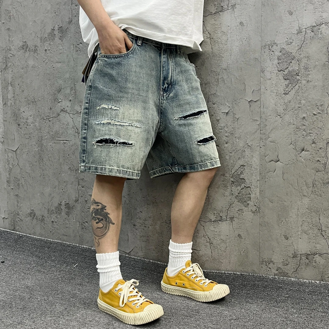 尹小鸡 美式复古重磅水洗刀割补丁宽松牛仔五分裤短裤男女 2166