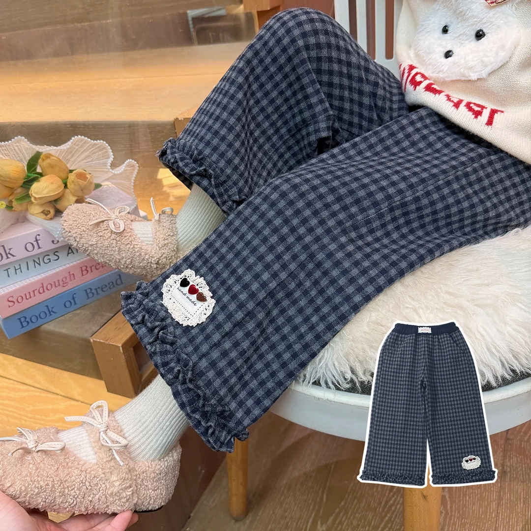 女童2025新款女宝宝冬季一体绒加绒加厚格子花边阔腿裤外穿裤子潮