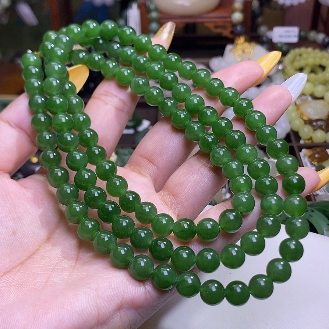 和田玉未镶嵌颈饰碧玉满色满绿老料约8mm108佛珠