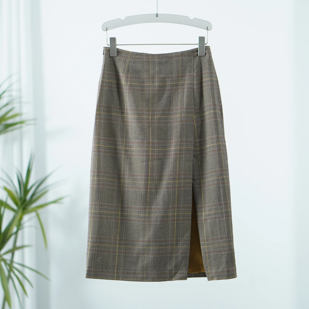 尚系列  Y171 女装秋格纹显瘦A字半身裙亚麻棕色FW03R30