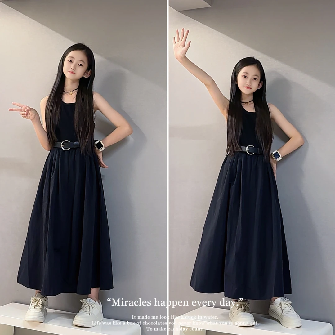 女大童法式赫本风压褶圆领背心连衣裙2025夏季女孩收腰显瘦长裙子