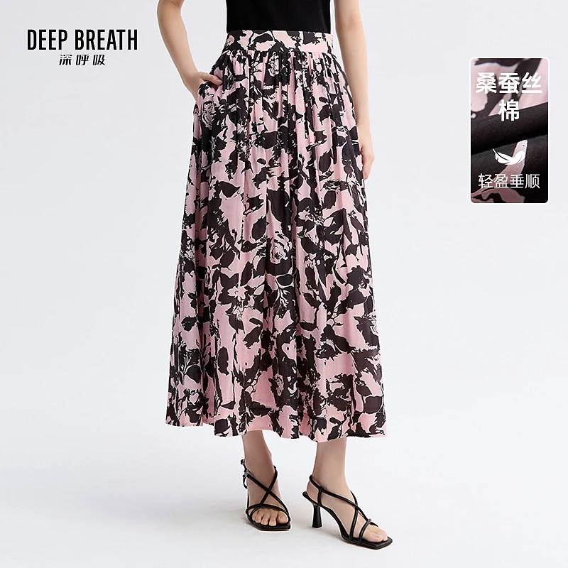DEEP BREATH深呼吸新款半身裙女气质中腰印花丝棉中长半裙A200381