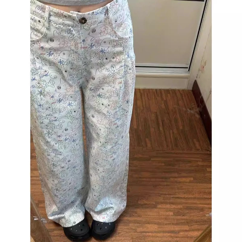 白色直筒休闲裤女大码胖mm新款涂鸦宽松显瘦遮肉时尚百搭阔腿裤子