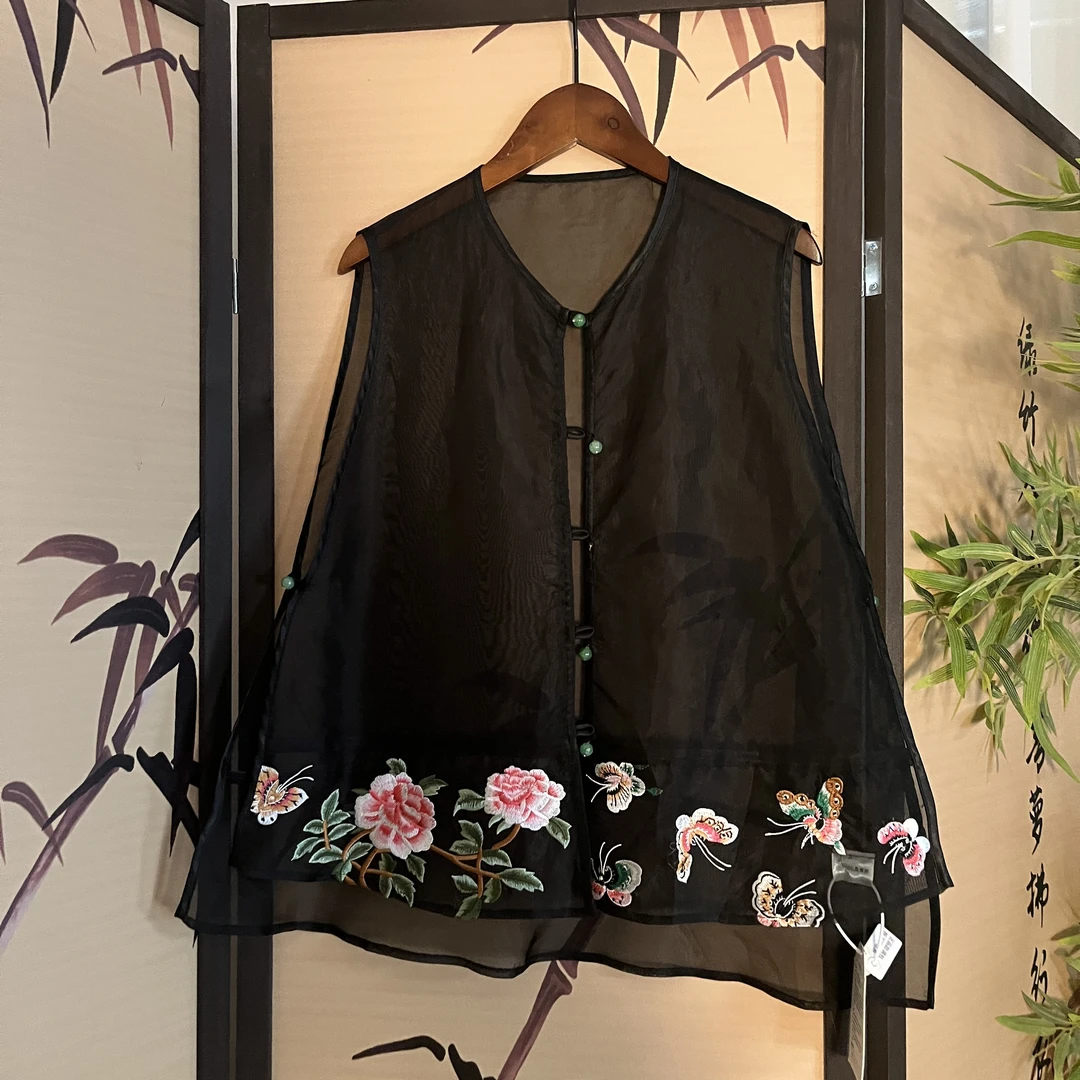 （花纱）新中式国风桑蚕丝刺绣马甲穿搭