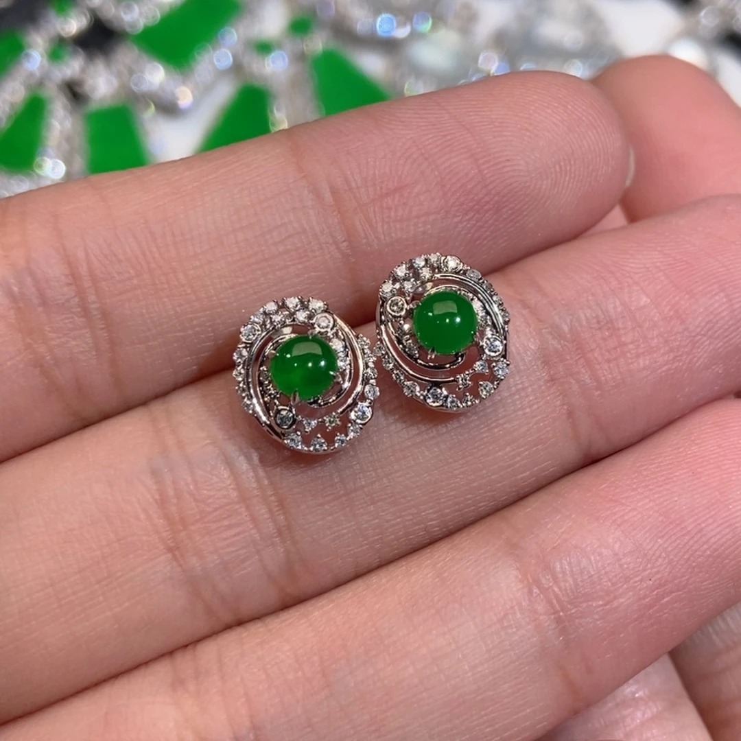 翡翠18K金镶嵌耳饰天然缅甸A货翡翠