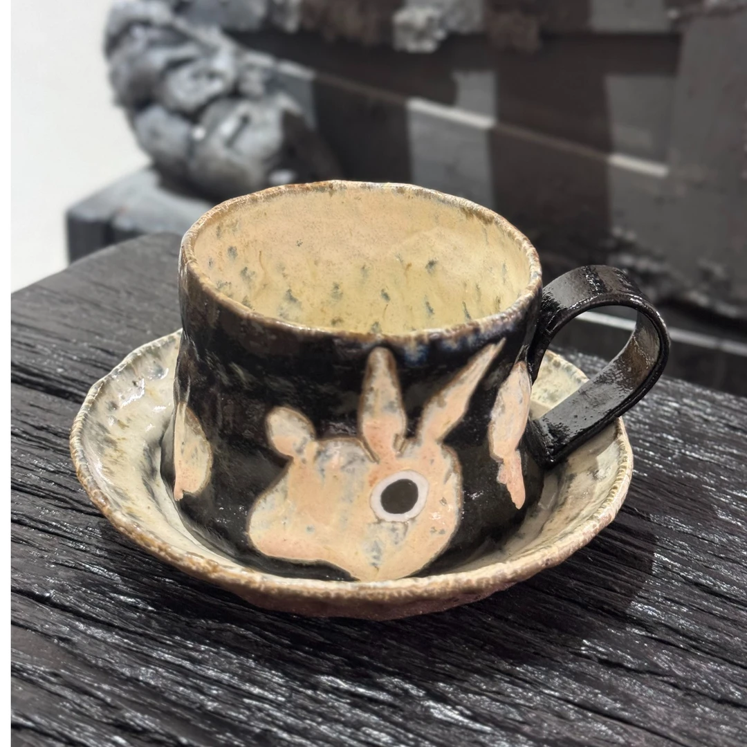 手作系列 小兔黑釉颜色釉咖啡杯一杯一托套组