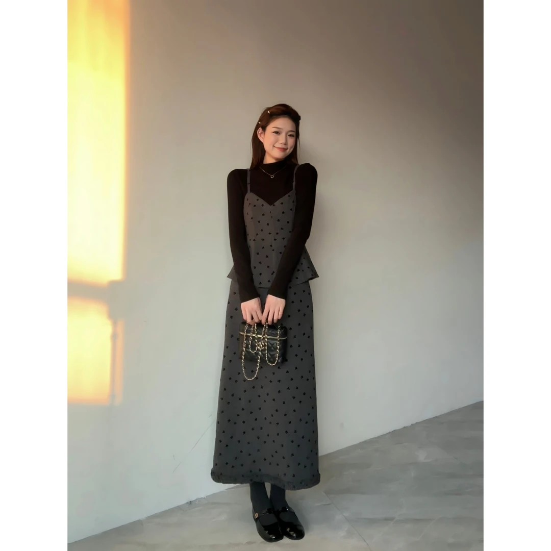 【心动连衣裙】加长植绒假两件吊带毛呢连衣裙显瘦气质25472