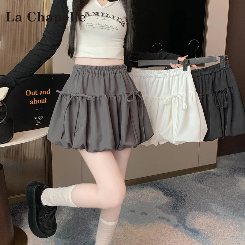 拉夏贝尔灰色蝴蝶结花苞半身裙女2025新款夏季小个子高腰a字短裙