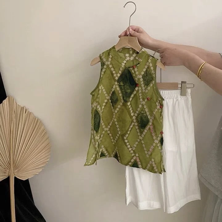 女童新中式夏季套装2025新款中国风女孩夏款无袖上衣长裤两件套