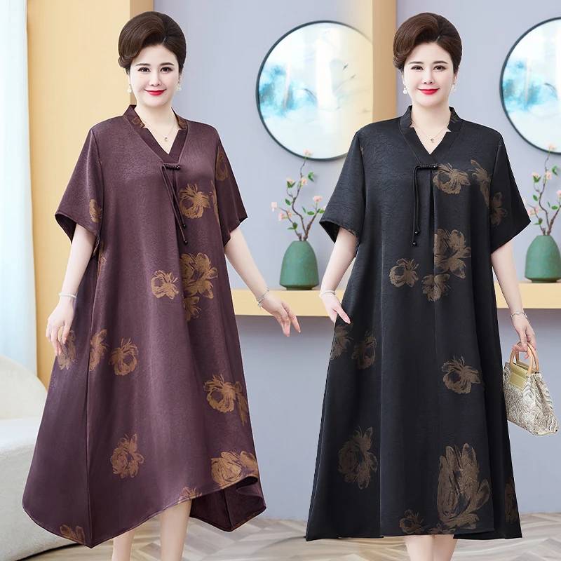 120斤-255斤夏季新款特大码妈妈装中老年新中式时尚中长款连衣裙