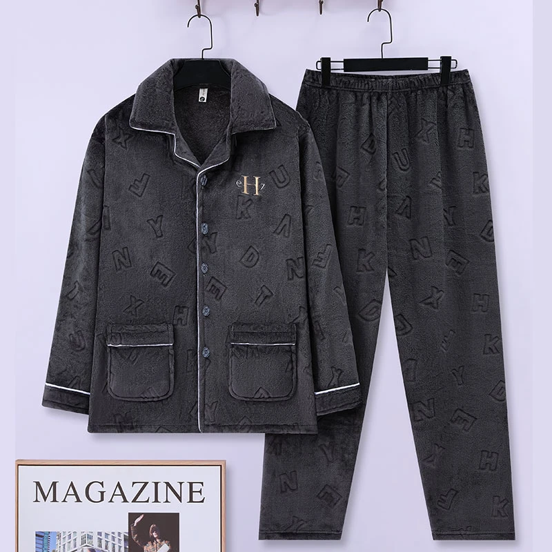 睡衣男款爆款2025新款高级感冬季加绒加厚珊瑚绒爸爸装家居服套装