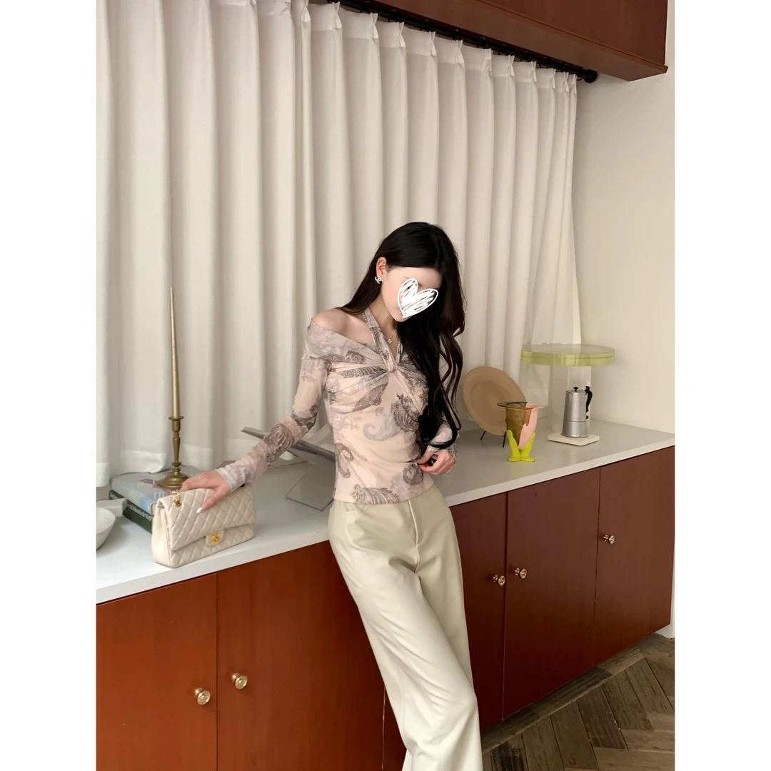 【秋染】早秋两穿 定制法式腰果花褶皱挂脖一字肩花色打底上衣