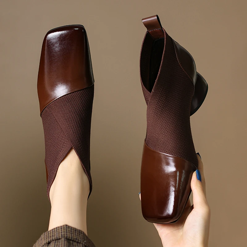 李大龙~牛皮4.5公分/复古弹力百搭时尚显瘦短靴中跟方头法式裸靴