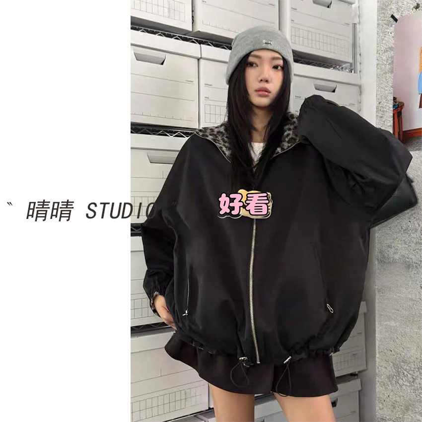 晴晴家-「一砚梨雪」25年冬韩系简约百搭休闲舒适豹纹双面服DW32