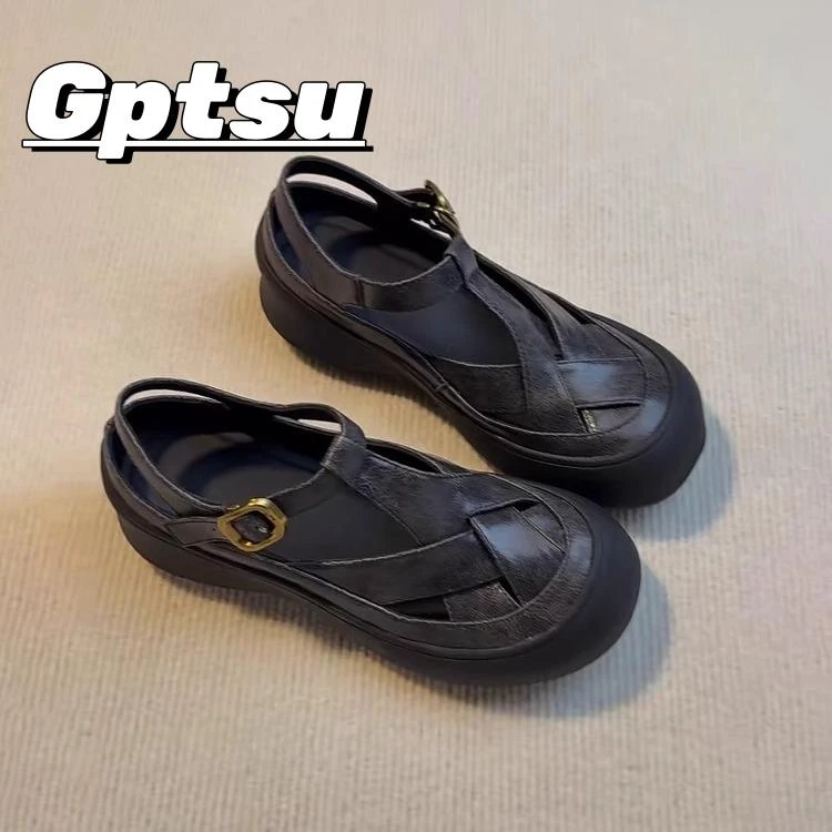 GPTSu厚底包头凉鞋女士夏季新款休闲运动罗马鞋百搭爆款猪笼单鞋