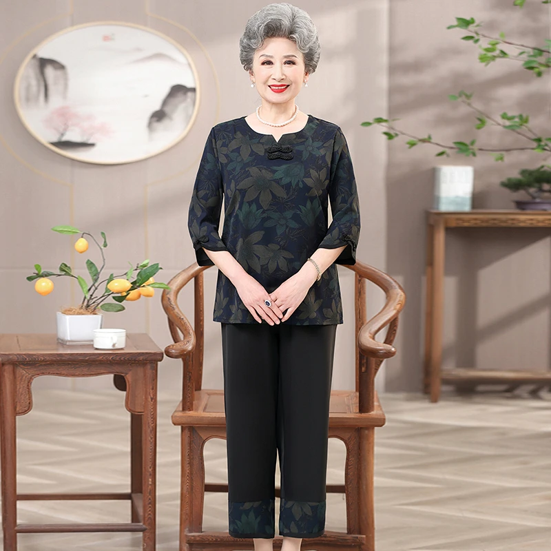 时尚宽松夏装套装中老年人60岁70奶奶衣服妈妈t恤上衣薄款两件套