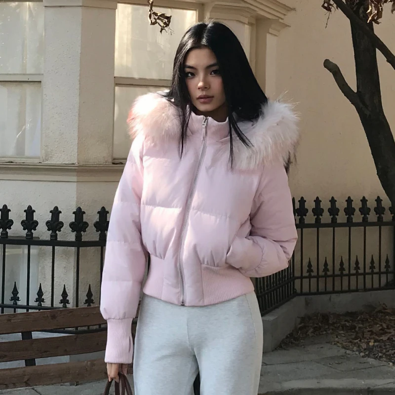 Audwyn90白鸭绒真毛领羽绒服女冬季中古感收腰短款保暖连帽外套