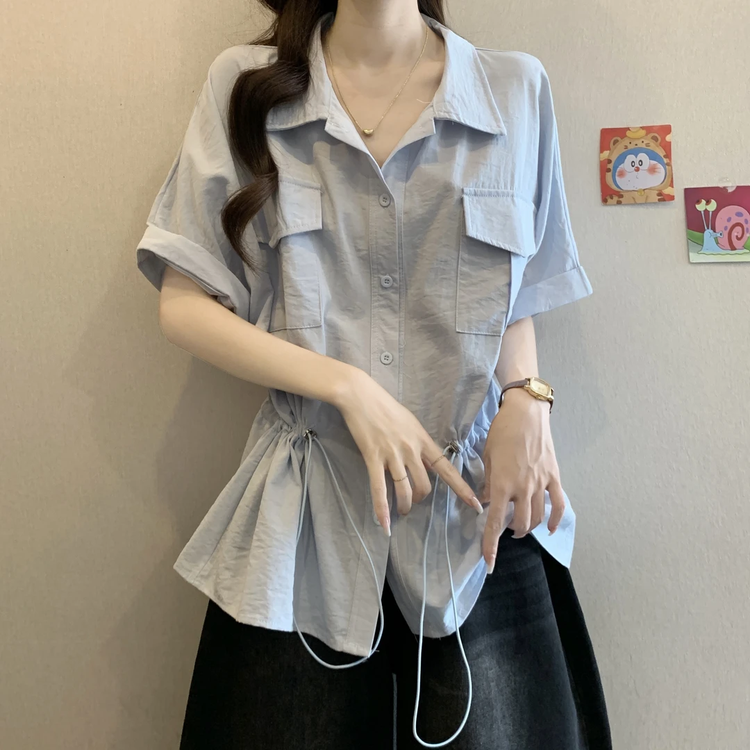 大码女装遮肚子POLO领工装小众衬衫女夏季胖妹妹显瘦抽绳休闲上衣