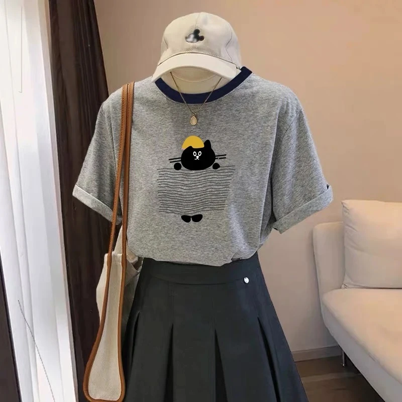 时尚正肩短袖t恤女夏季设计感小众宽松显瘦体恤洋气减龄撞色上衣