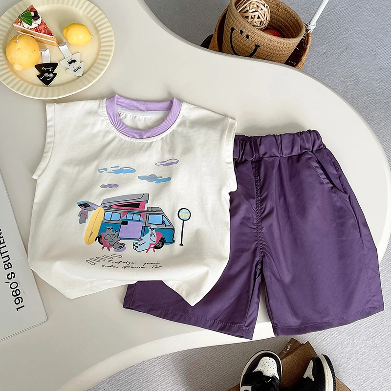 男卡通卡通动漫套头薄款夏季套装小童无袖男童度假风宽松外穿休闲